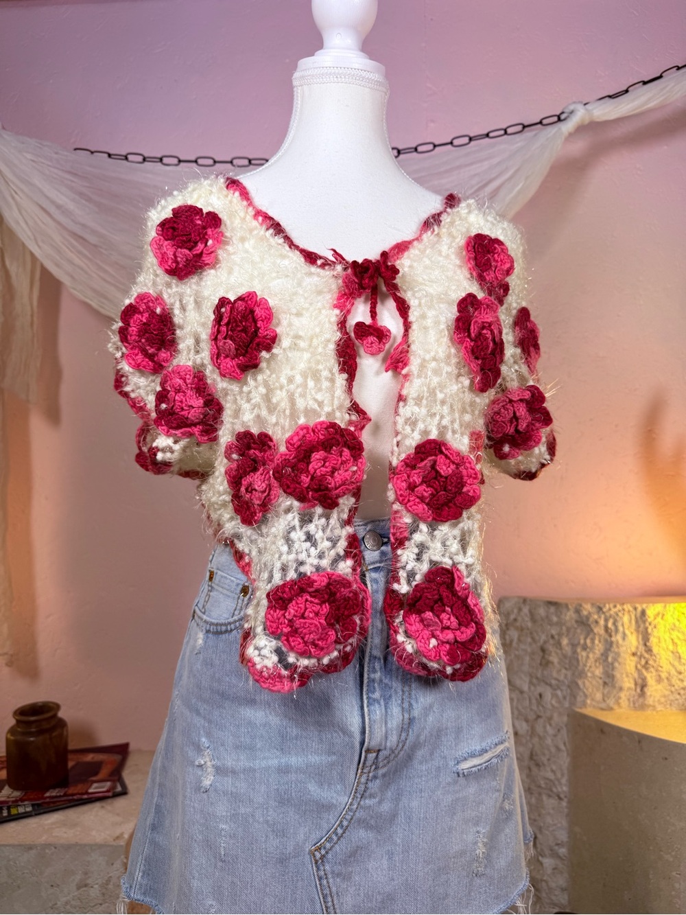 Handmade Crochet Flower Cardigan Fairycore Mohair Knit Tie Front Sweater
